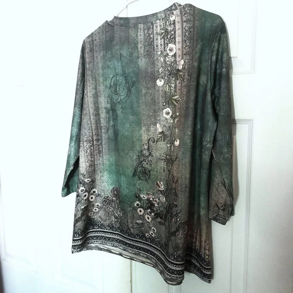 Women Floral Pullover Long Sleeve, Round Neck, Size Large, Color Green